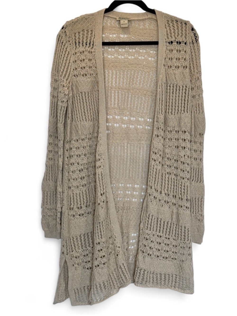 Lucky Brand Tan Beige Crochet Duster Cardigan-M- Boho Coastal Cottage Neutral
